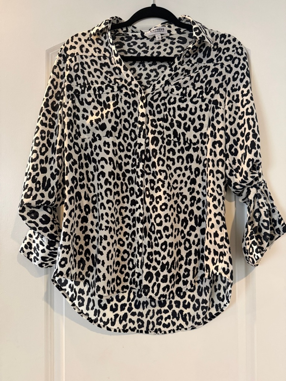 Express Black and White Leopard Print Button-Down Blouse